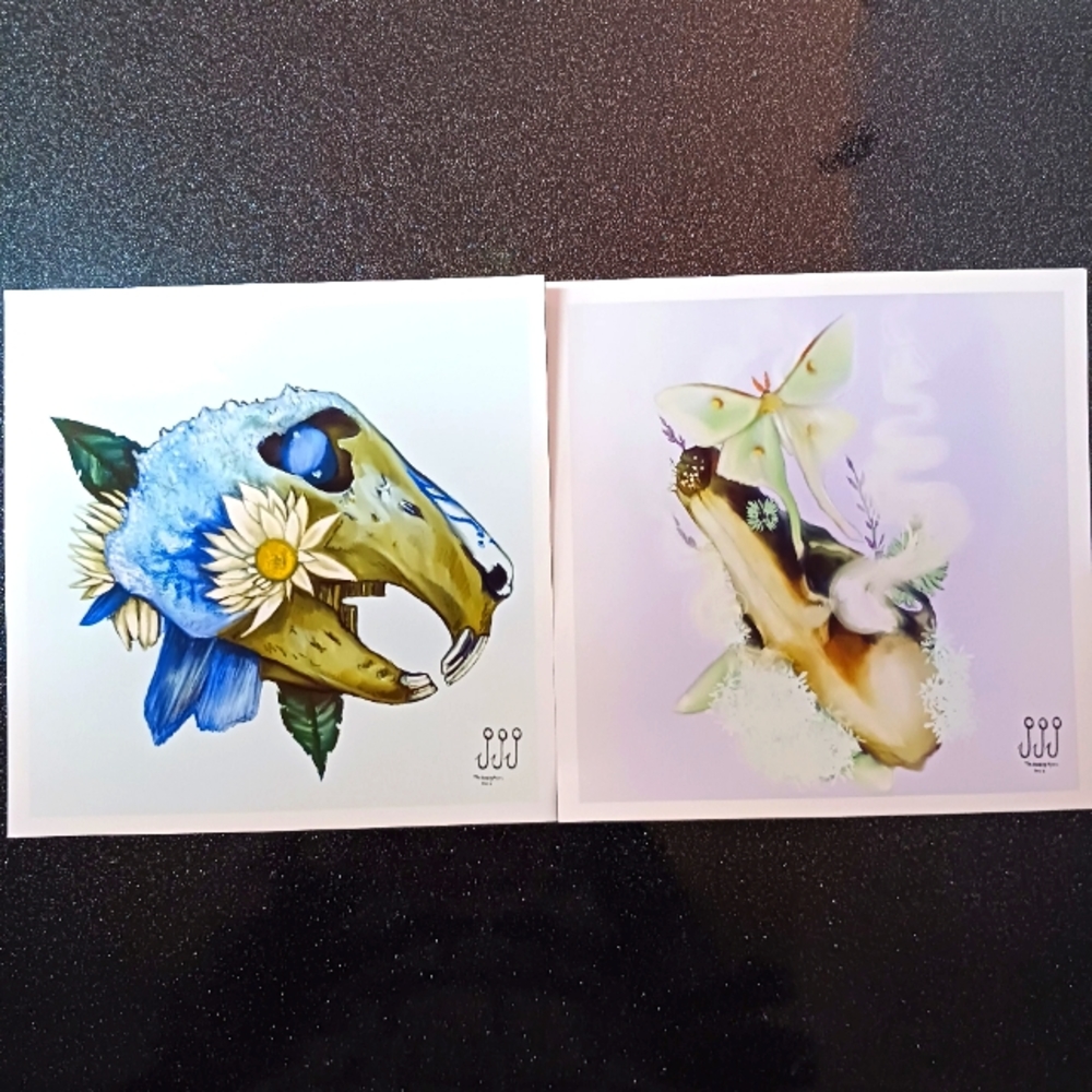Set of 2 Animal Skulls with Flowers & Butterfly Prints.
